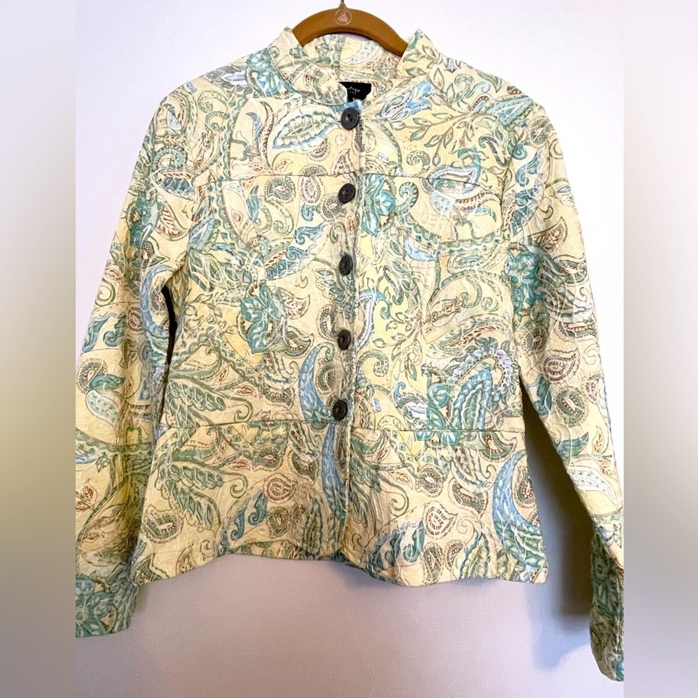 Analogy Petite Women's Jacket Paisley Print | Color: Blue/Yellow | Size: XS/S